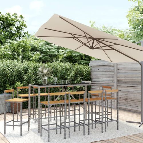 Ensemble de bar jardin 11pcs gris poly rotin/bois massif acacia - Photo n°2; ?>