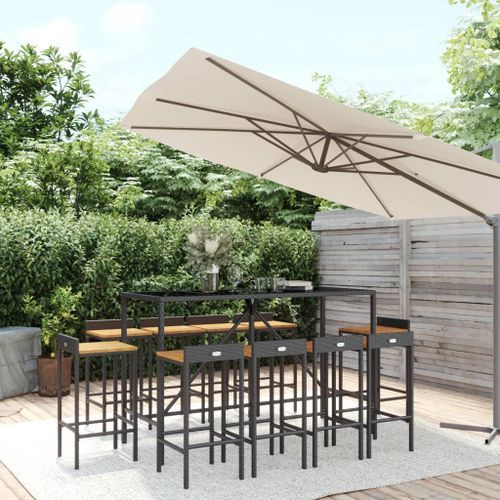 Ensemble de bar jardin 11pcs noir poly rotin/bois massif acacia - Photo n°2; ?>