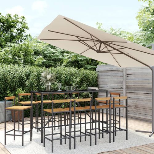 Ensemble de bar jardin 11pcs noir poly rotin/bois massif acacia - Photo n°2; ?>