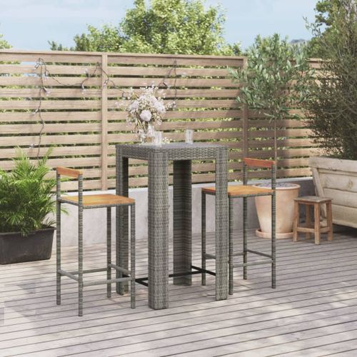 Ensemble de bar jardin 3 pcs gris poly rotin/bois massif acacia - Photo n°2; ?>