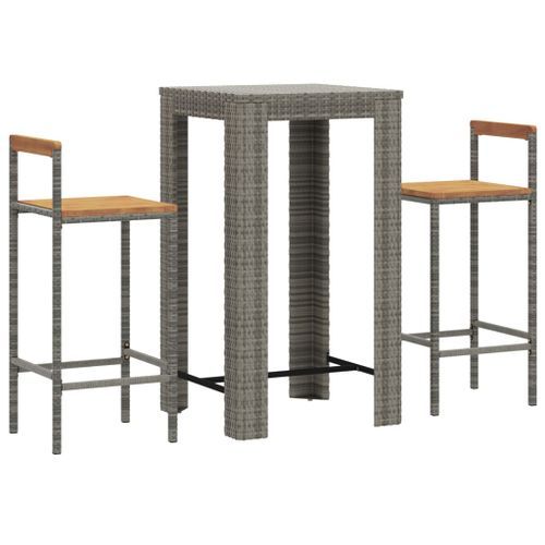 Ensemble de bar jardin 3 pcs gris poly rotin/bois massif acacia - Photo n°3; ?>