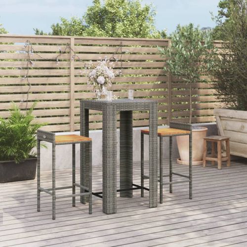 Ensemble de bar jardin 3 pcs gris poly rotin/bois massif acacia - Photo n°2; ?>