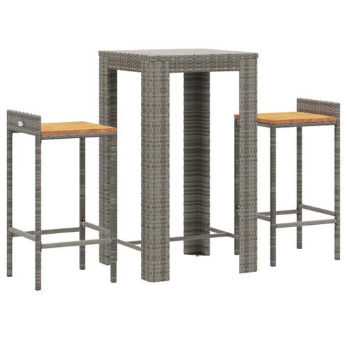 Ensemble de bar jardin 3 pcs gris poly rotin/bois massif acacia - Photo n°3; ?>