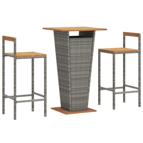 Ensemble de bar jardin 3 pcs gris poly rotin/bois massif acacia - Photo n°3; ?>