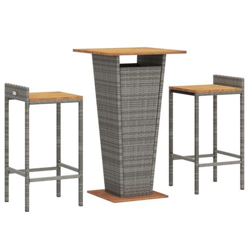 Ensemble de bar jardin 3 pcs gris poly rotin/bois massif acacia - Photo n°3; ?>