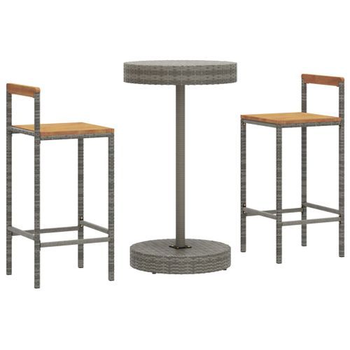 Ensemble de bar jardin 3 pcs gris poly rotin/bois massif acacia - Photo n°3; ?>