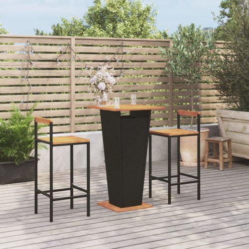 Ensemble de bar jardin 3 pcs noir poly rotin/bois massif acacia - Photo n°2; ?>