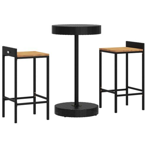 Ensemble de bar jardin 3 pcs noir poly rotin/bois massif acacia - Photo n°3; ?>