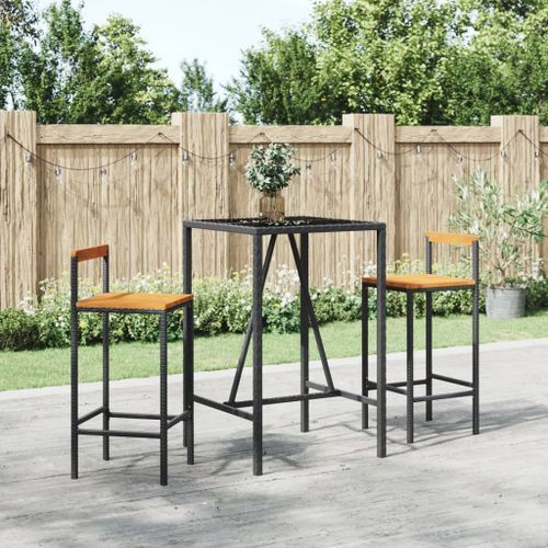 Ensemble de bar jardin 3 pcs noir poly rotin/bois massif acacia - Photo n°2; ?>