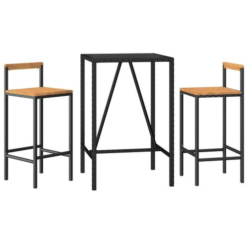 Ensemble de bar jardin 3 pcs noir poly rotin/bois massif acacia - Photo n°3; ?>