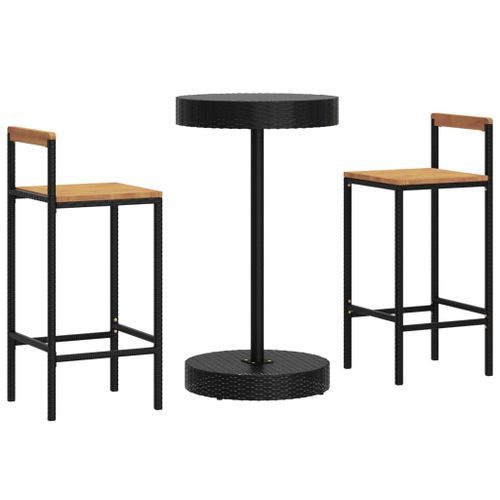 Ensemble de bar jardin 3 pcs noir poly rotin/bois massif acacia - Photo n°3; ?>