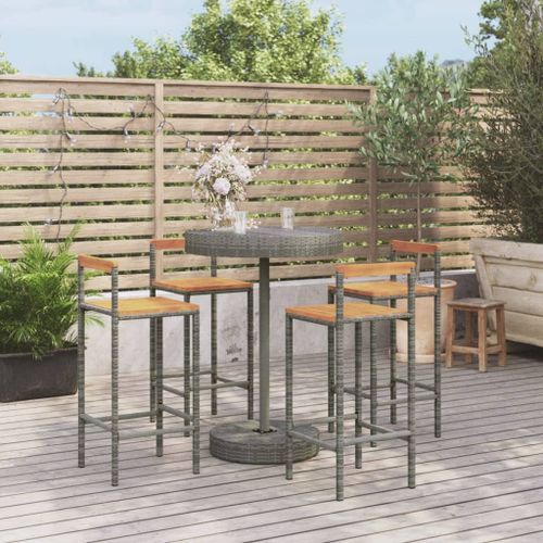 Ensemble de bar jardin 5 pcs gris poly rotin/bois massif acacia - Photo n°2; ?>