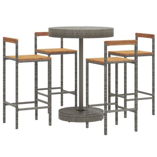 Ensemble de bar jardin 5 pcs gris poly rotin/bois massif acacia - Photo n°3; ?>