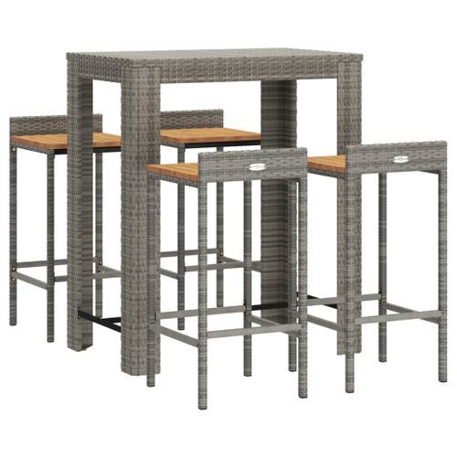 Ensemble de bar jardin 5 pcs gris poly rotin/bois massif acacia - Photo n°3; ?>