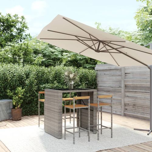 Ensemble de bar jardin 5 pcs gris poly rotin/bois massif acacia - Photo n°2; ?>