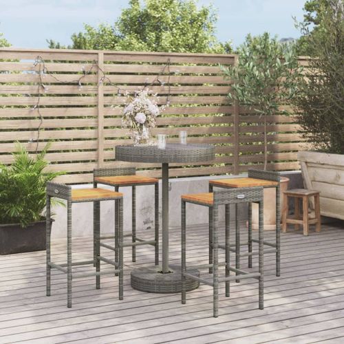 Ensemble de bar jardin 5 pcs gris poly rotin/bois massif acacia - Photo n°2; ?>