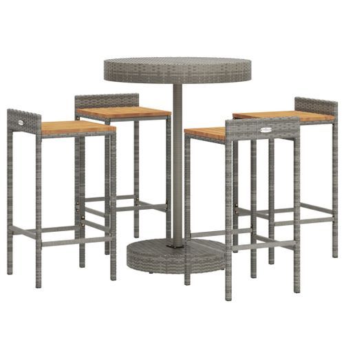 Ensemble de bar jardin 5 pcs gris poly rotin/bois massif acacia - Photo n°3; ?>