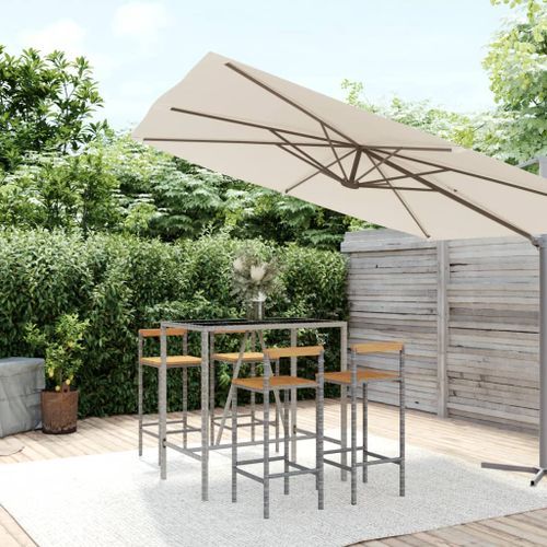 Ensemble de bar jardin 5 pcs gris poly rotin/bois massif acacia - Photo n°2; ?>