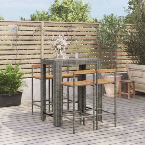 Ensemble de bar jardin 5 pcs gris poly rotin/bois massif acacia - Photo n°2; ?>