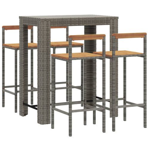 Ensemble de bar jardin 5 pcs gris poly rotin/bois massif acacia - Photo n°3; ?>