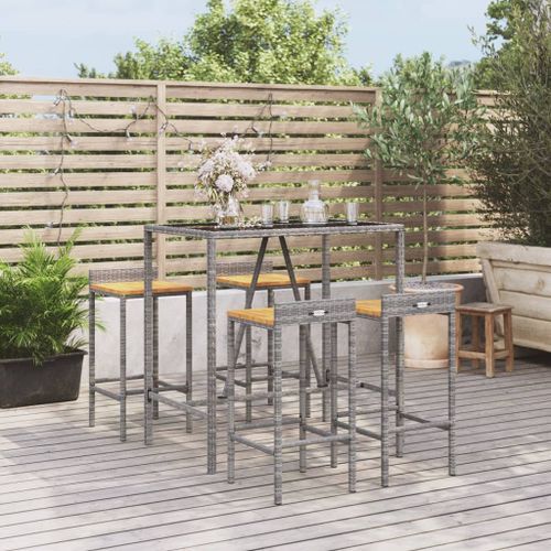 Ensemble de bar jardin 5 pcs gris poly rotin/bois massif acacia - Photo n°2; ?>