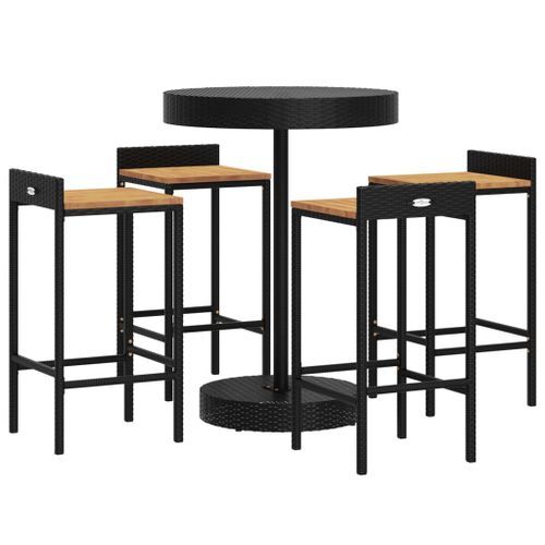 Ensemble de bar jardin 5 pcs noir poly rotin/bois massif acacia - Photo n°3; ?>