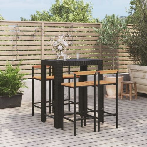 Ensemble de bar jardin 5 pcs noir poly rotin/bois massif acacia - Photo n°2; ?>