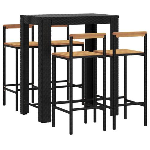 Ensemble de bar jardin 5 pcs noir poly rotin/bois massif acacia - Photo n°3; ?>