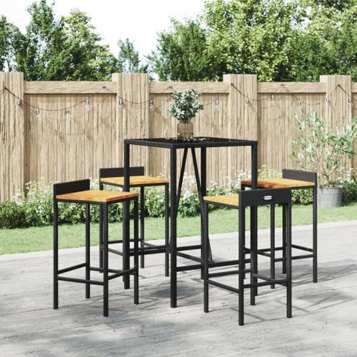 Ensemble de bar jardin 5 pcs noir poly rotin/bois massif acacia - Photo n°2; ?>