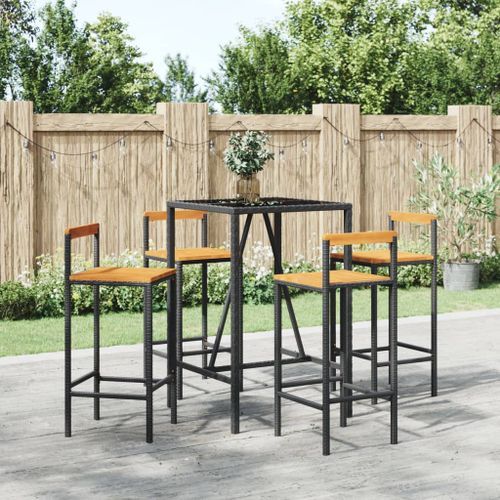 Ensemble de bar jardin 5 pcs noir poly rotin/bois massif acacia - Photo n°2; ?>