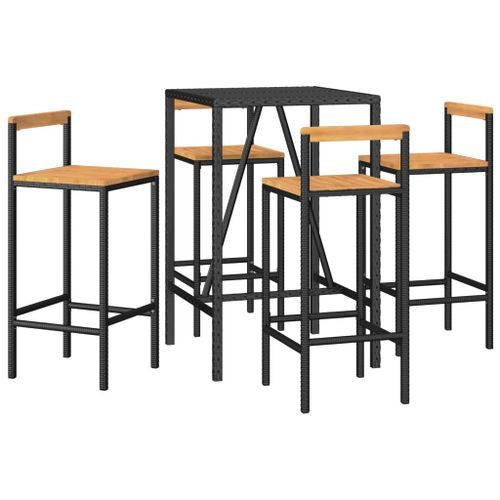 Ensemble de bar jardin 5 pcs noir poly rotin/bois massif acacia - Photo n°3; ?>