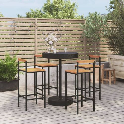 Ensemble de bar jardin 5 pcs noir poly rotin/bois massif acacia - Photo n°2; ?>