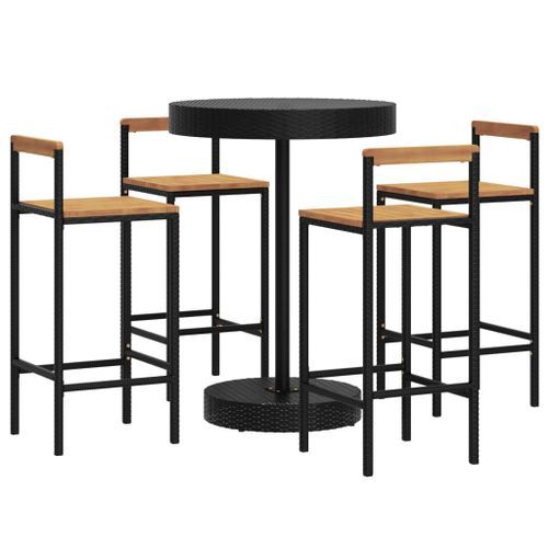 Ensemble de bar jardin 5 pcs noir poly rotin/bois massif acacia - Photo n°3; ?>