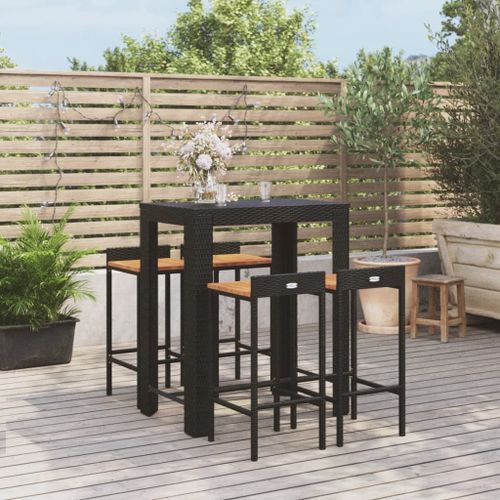 Ensemble de bar jardin 5 pcs noir poly rotin/bois massif acacia - Photo n°2; ?>