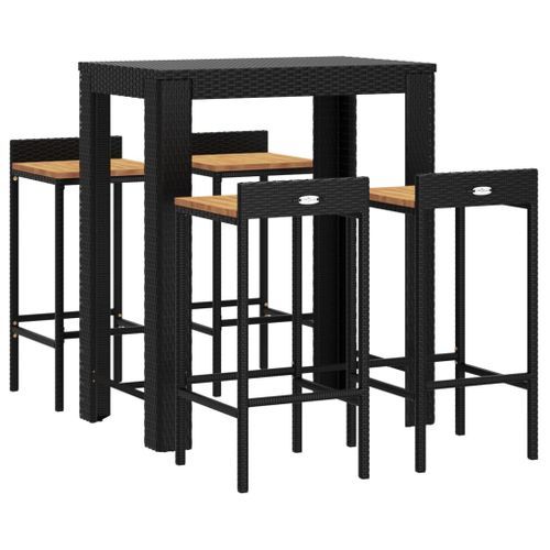 Ensemble de bar jardin 5 pcs noir poly rotin/bois massif acacia - Photo n°3; ?>