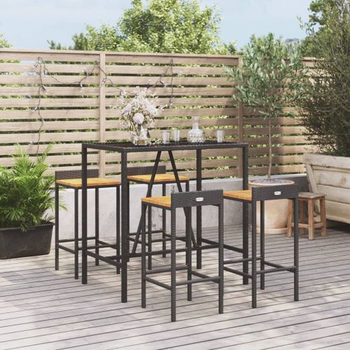 Ensemble de bar jardin 5 pcs noir poly rotin/bois massif acacia - Photo n°2; ?>