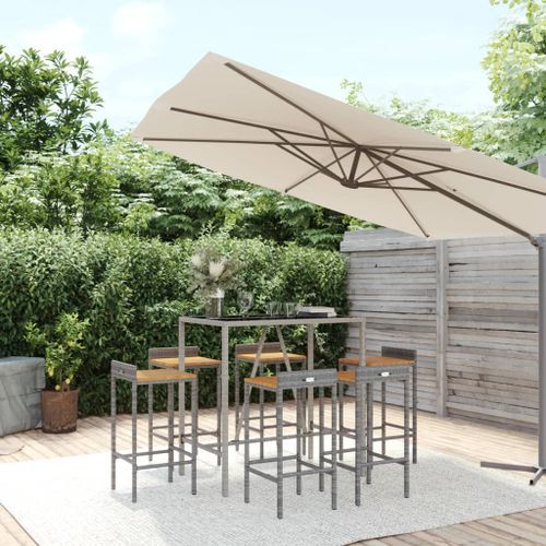 Ensemble de bar jardin 7 pcs gris poly rotin/bois massif acacia - Photo n°2; ?>