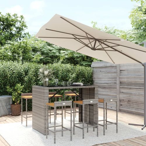 Ensemble de bar jardin 7 pcs gris poly rotin/bois massif acacia - Photo n°2; ?>