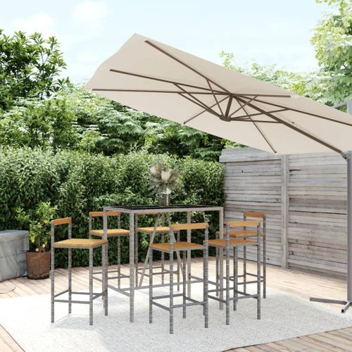 Ensemble de bar jardin 7 pcs gris poly rotin/bois massif acacia - Photo n°2; ?>