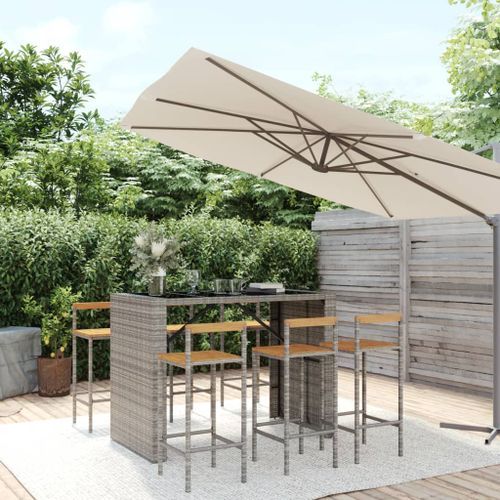 Ensemble de bar jardin 7 pcs gris poly rotin/bois massif acacia - Photo n°2; ?>