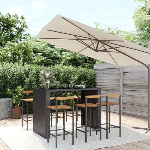 Ensemble de bar jardin 7 pcs noir poly rotin/bois massif acacia - Photo n°2; ?>