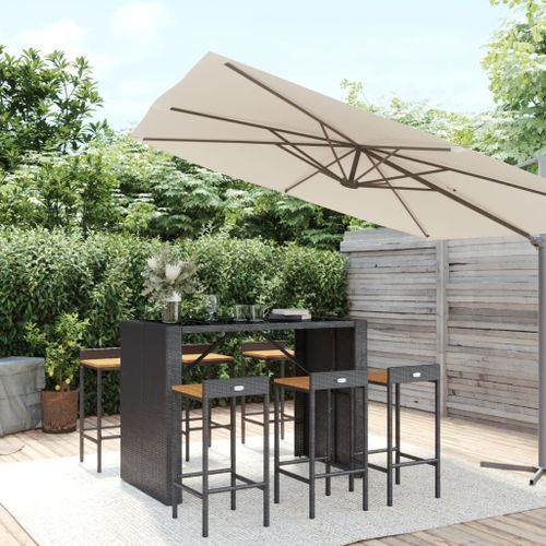 Ensemble de bar jardin 7 pcs noir poly rotin/bois massif acacia - Photo n°2; ?>