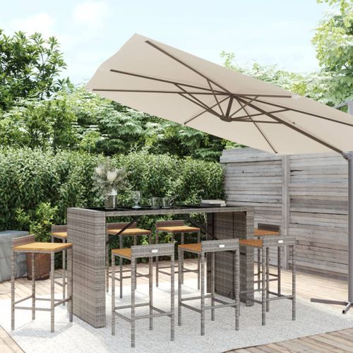 Ensemble de bar jardin 9 pcs gris poly rotin/bois massif acacia - Photo n°2; ?>