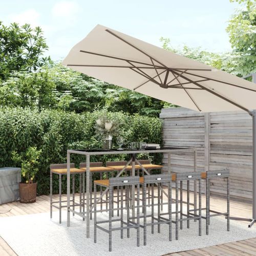 Ensemble de bar jardin 9 pcs gris poly rotin/bois massif acacia - Photo n°2; ?>