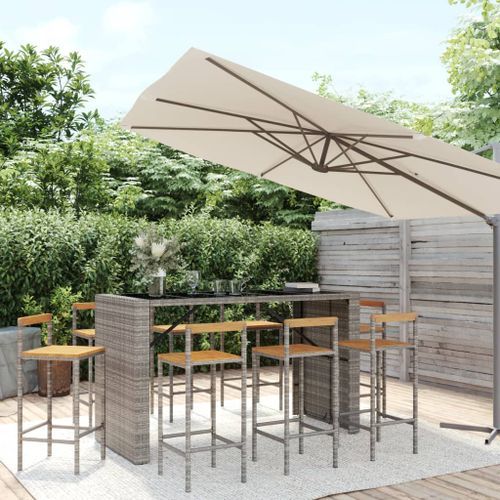 Ensemble de bar jardin 9 pcs gris poly rotin/bois massif acacia - Photo n°2; ?>