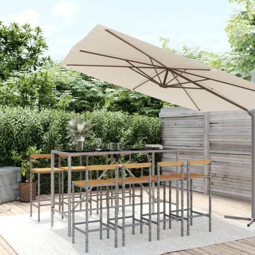 Ensemble de bar jardin 9 pcs gris poly rotin/bois massif acacia - Photo n°2; ?>