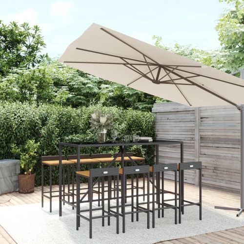 Ensemble de bar jardin 9 pcs noir poly rotin/bois massif acacia - Photo n°2; ?>