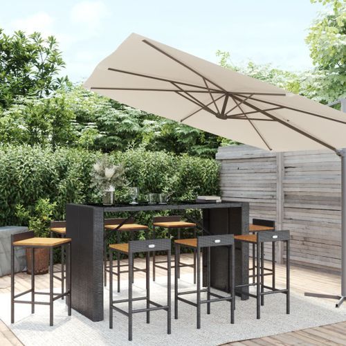 Ensemble de bar jardin 9 pcs noir poly rotin/bois massif acacia - Photo n°2; ?>