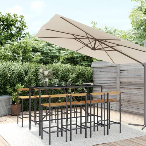 Ensemble de bar jardin 9 pcs noir poly rotin/bois massif acacia - Photo n°2; ?>