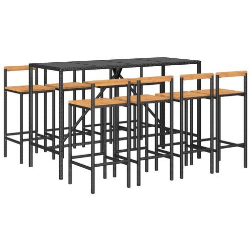 Ensemble de bar jardin 9 pcs noir poly rotin/bois massif acacia - Photo n°3; ?>